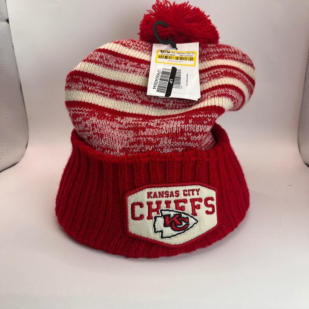 NFL Kansas City Chiefs Beanie Unisex OS Red NEW Pom Pom Striped Cuffed